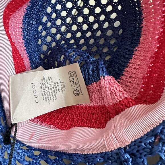 NWT GUCCI  Gg-Logo Striped Faux-Raffia Hat $750 SZ M Bucket Pink Blue Red - Picture 6 of 9